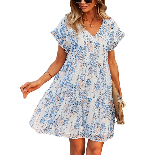 MAWCLOS Ladies T Shirt Dress V Neck Sundress Floral Print Mini Dresses Simple Boho Short Sleeve White S