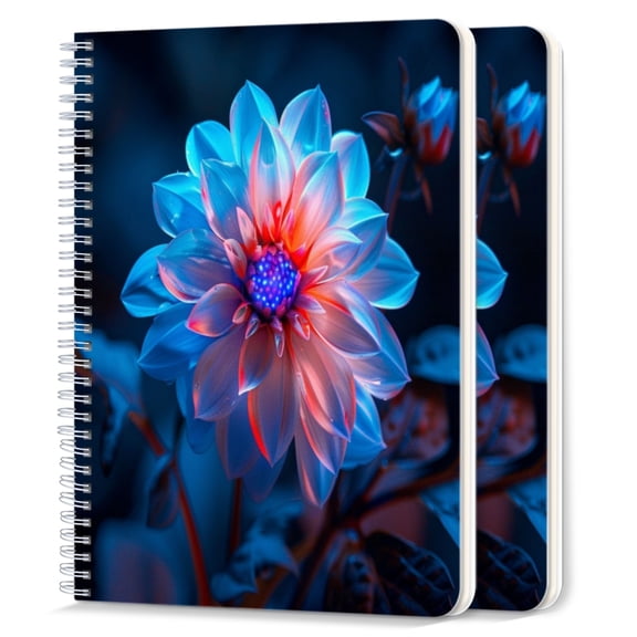 Spiral Notebook,College Ruled Journal,8.26" x 5.71" 50 Sheets/100 Pages,2 Pack - Beautiful Dahlia Flower With Blue And Pink Petals Glowing in The Dark