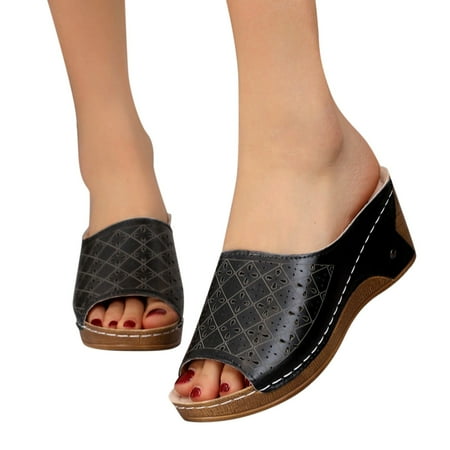

new home gifts for home Fashion Women s Slope With Thick Bottom Summer And Spring Light Sandals Hollow Peep Toe Pu Black