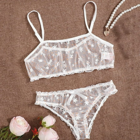 

RPVATI Women Sexy Lingerie Floral Floral Mesh See Through Bodysuit 2 Piece Lingerie Set White S