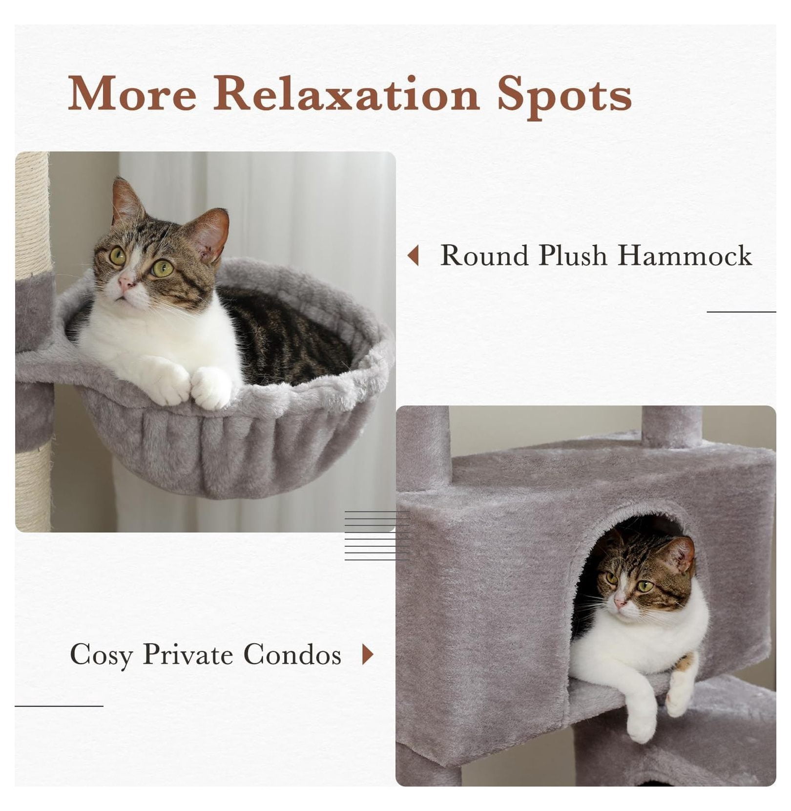 60'' Cat Tree Tower, Large Cat Condo Indoor, Wide Perch, Hammock, Sisal Scratching Posts for Adult Cats, Gray