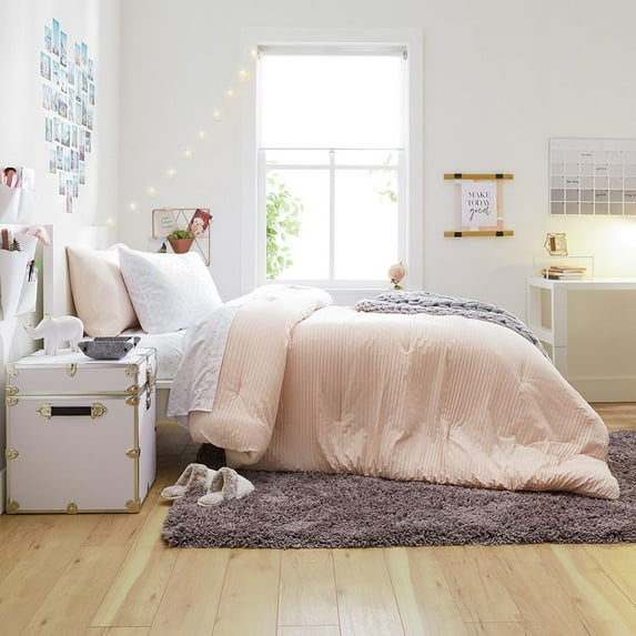 Dawn 4-Piece Twin Essentials in Ashleigh Pink | Reversible Twin/Twin XL Comforter, Sheets and Pillowase | Ribbed Comforter, Solid & Polka Dot Sheets, Soft Blush Pinks