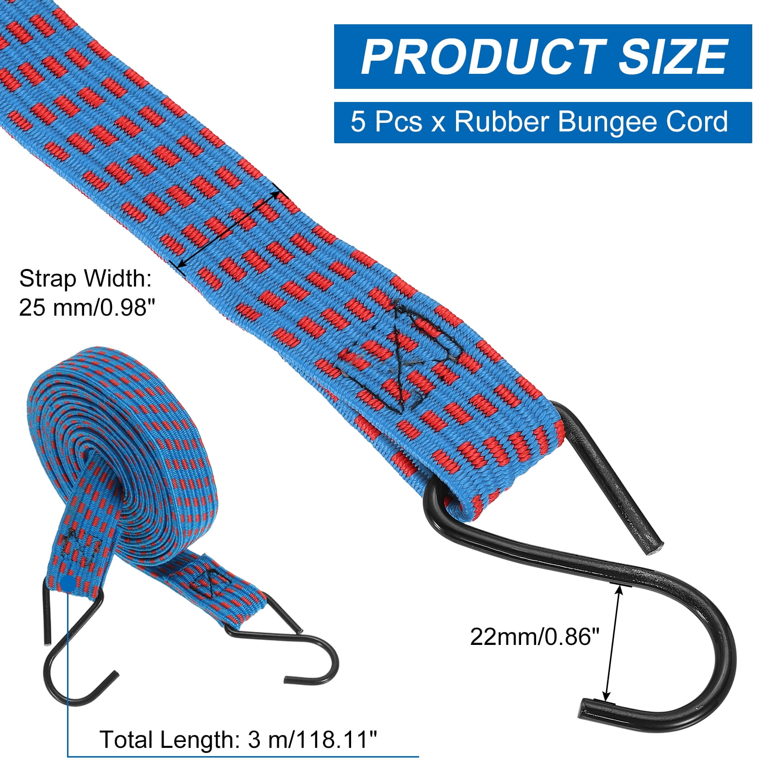 5Pack Bungee Cords, 118.11" Length Bungee Cords with Hooks 0.98" Width Adjustable Flat Elastic Rubber Bungee Straps for Luggage, Roof Racks, Tarpaulin, Moving Cargo, Camps, Tarps