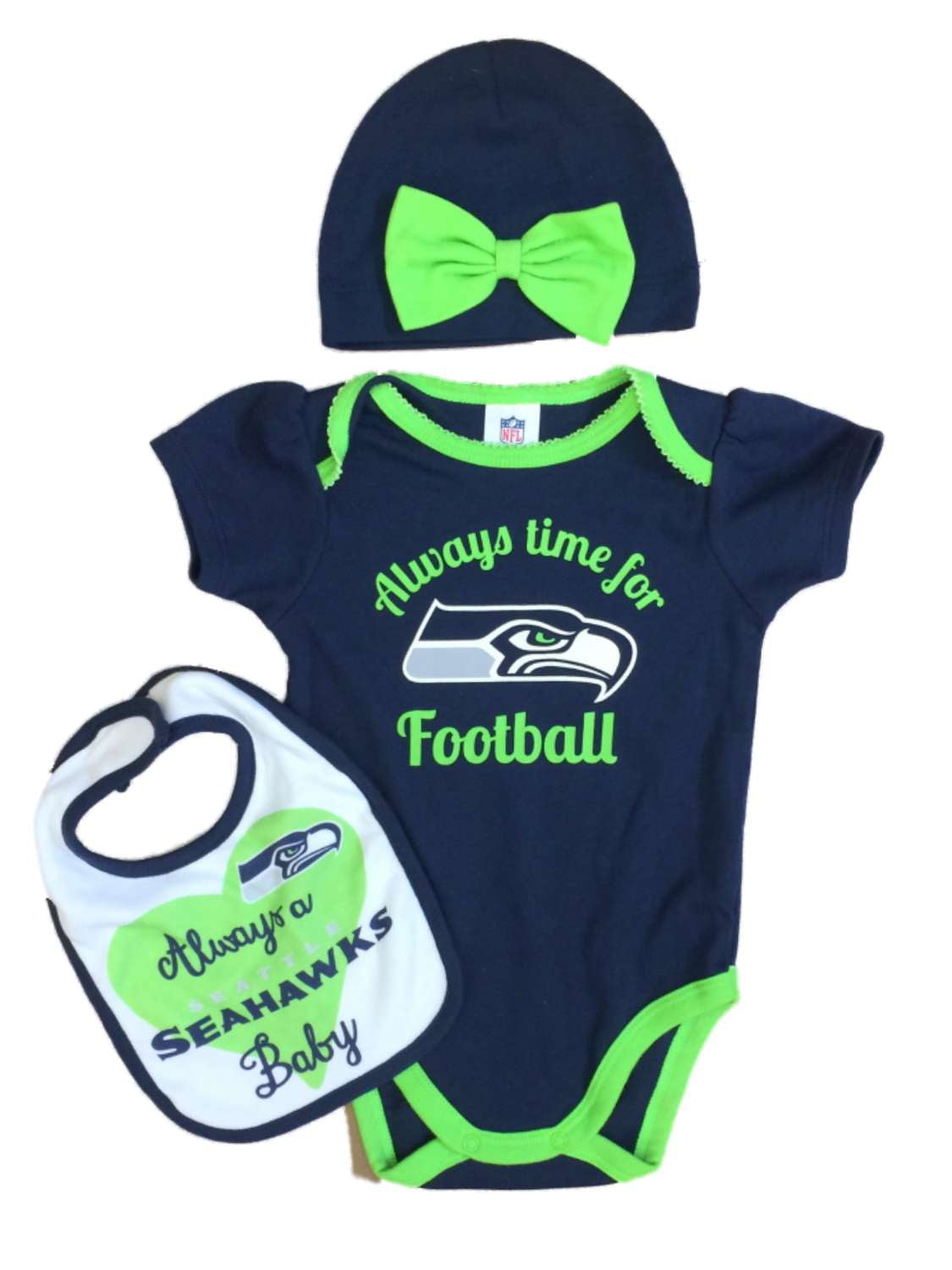Infant Girls Seattle Seahawks Football Baby Outfit NFL Bodysuit Bib & Hat Set by Team Apparel