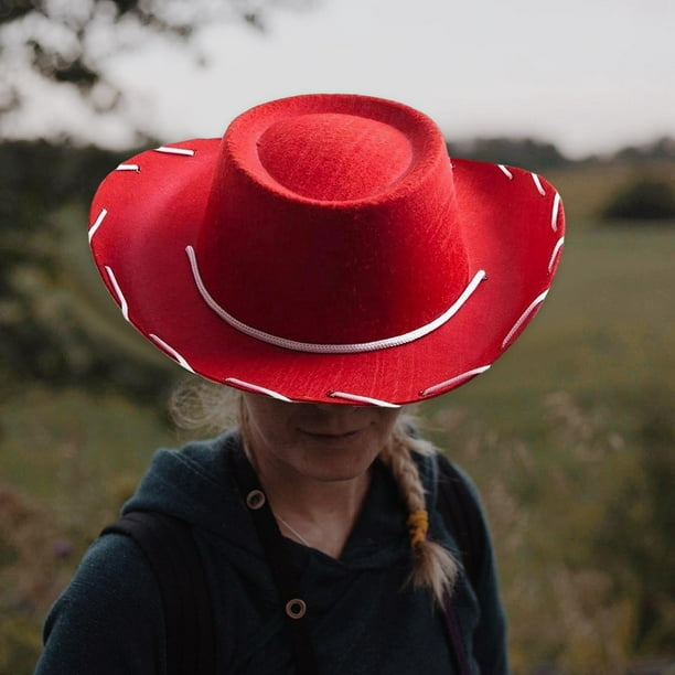 Xuanheng Cowboy Hat Cowgirl Hats Wide Brim With Drawstring Rope Women Men Hats Red Red