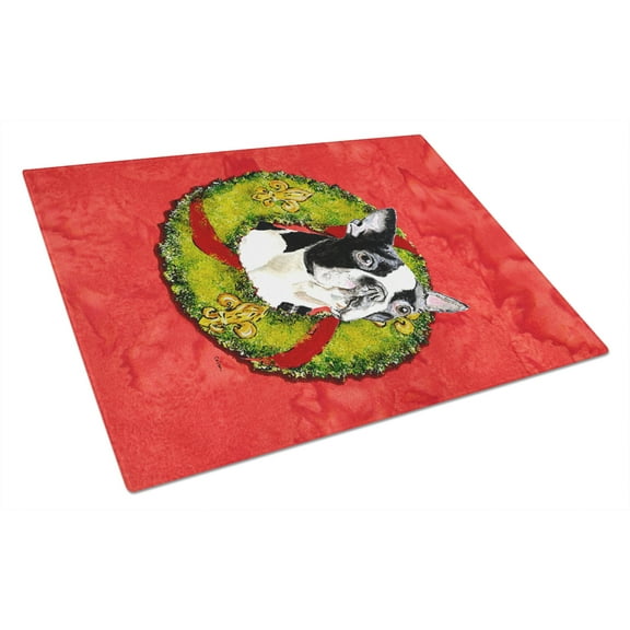 Carolines Treasures SC9097LCB Boston Terrier Christmas Wreath Glass Cutting Board Large, 12H x 16W, multicolor