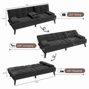 Walsunny Convertible Futon Sofa Bed, Foldable Futon Sleeper Sofa Bed with 2 Cup Holders, Folding Loveseat Recliner with 3-Angle Adjustment Modern Couch for Living Room, Small Space, Black