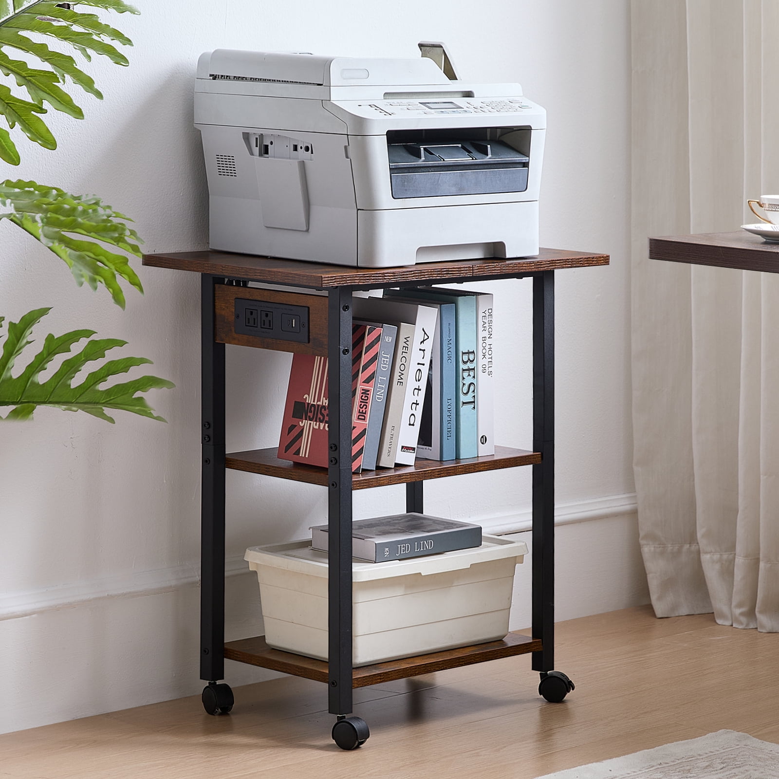 Leyaoyao 3-Tier Mobile Printer Stand, Rolling Cart with Power Outlets and USB Ports, Home Printer Stand with Wheels for Home, Office, Brown
