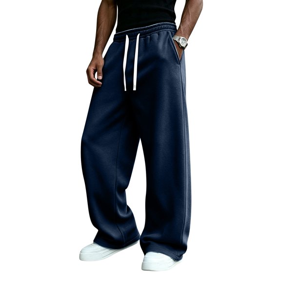 Havenx Men's Fleece Baggy SweatpantsMen Straight Wide Leg Drawstring Joggers with Pockets Elastic Waist Open Bottom Sweatpants Gym Lounge Athletic Workout Fall Winter Pant,Navy 2XL