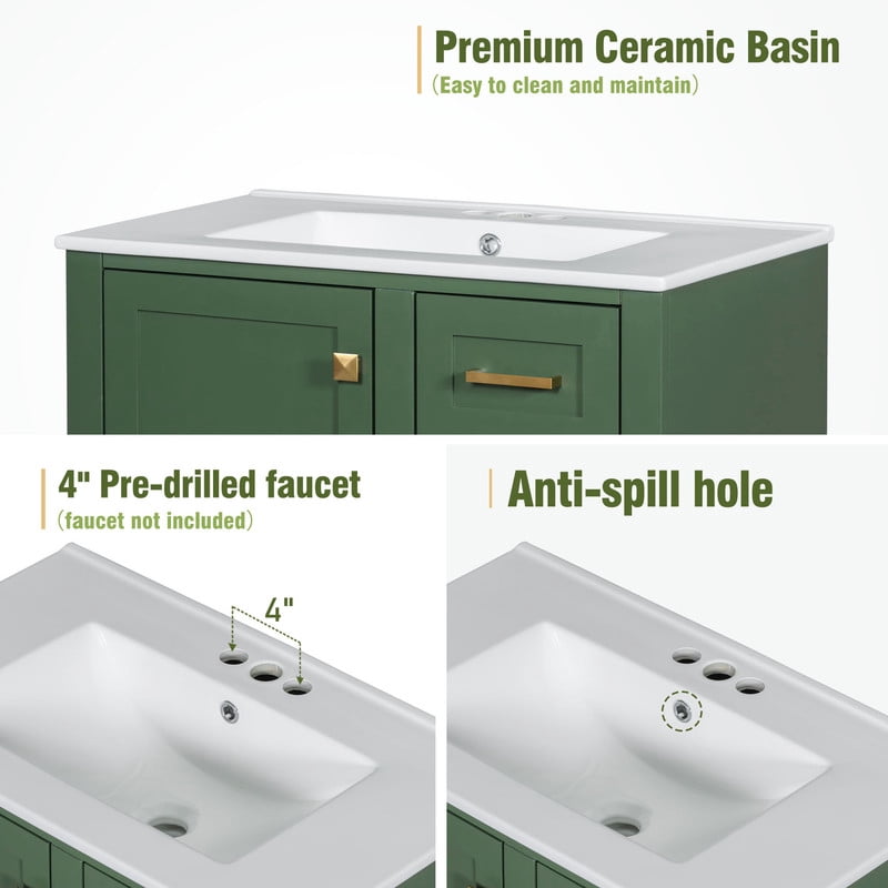 30" bathroom vanity with sink, Bathroom Vanities 30 Inch with Top, Single Sink Bathroom Vanity with 3 Drawers and 1 Soft Closing Door, 30 Restroom Vanity with Cuntertop Sink (Green)