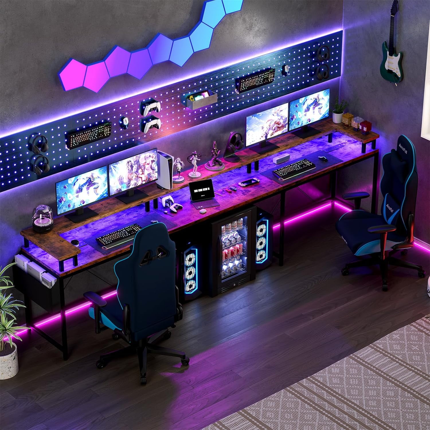 U Shaped Desk with Power Outlets & LED Lights, 79" Reversible L Shaped Desk, Corner Computer Desk Office Desk with Full Monitor Stand,Rusitc Brown