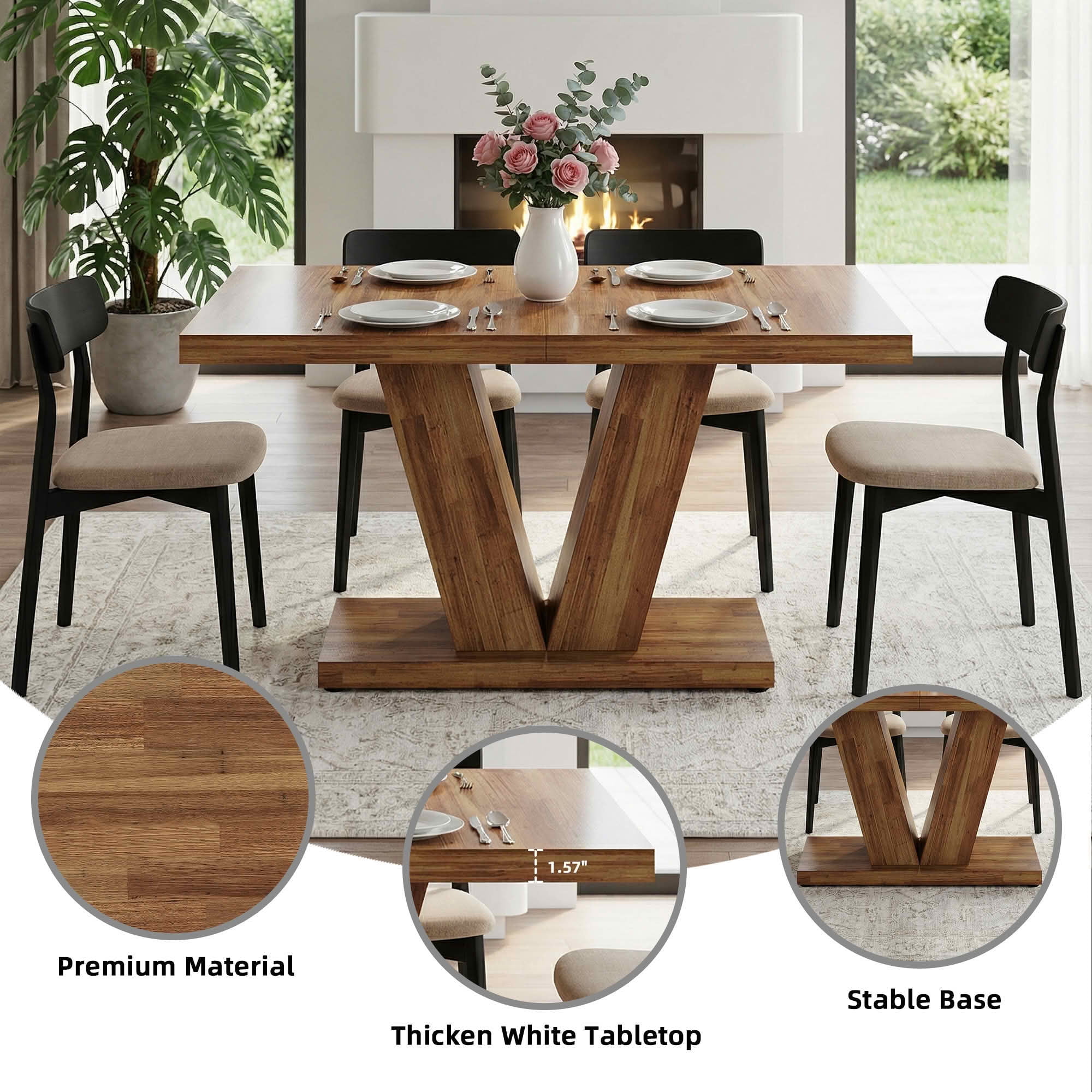 MAYEERTY 47 Inch Farmhouse Dining Table, Rectangular Kitchen Dinner Table with Heavy Duty Triangular Pedestal Base for 4 to 6 People