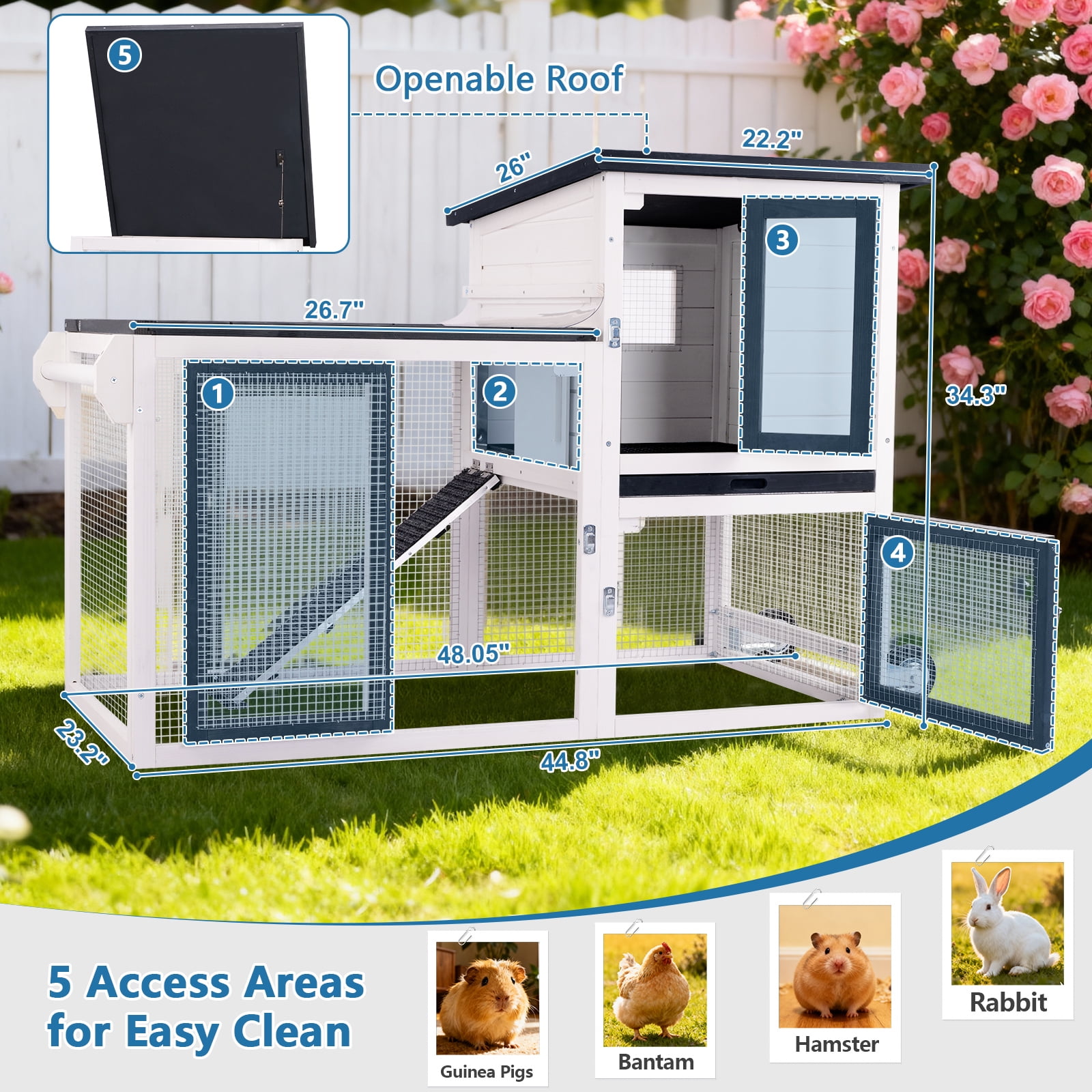 Rabbit Hutch Outdoor Indoor Bunny Cage Chicken Coop with Wire Floor Slide Out Tray, Chew-Resistant Ramp & Entrance Openable Roof Handle Wheels