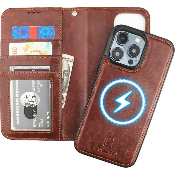 for iPhone 15 Pro Max Wallet Case Compatible with MagSafe Wireless Charging, RFID Blocking Magnetic Leather Case with Card Slots Holder Kickstand Detachable Wrist Strap 6.7 Inch (Brown)