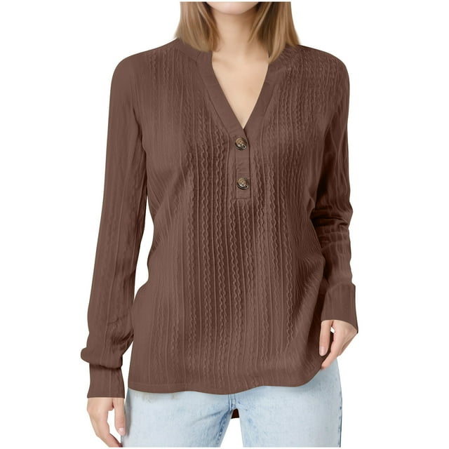 aidice T-Shirts Grande Taille pour Femmes Décontracté Col en V Manches Longues Bouton Texture Confortable