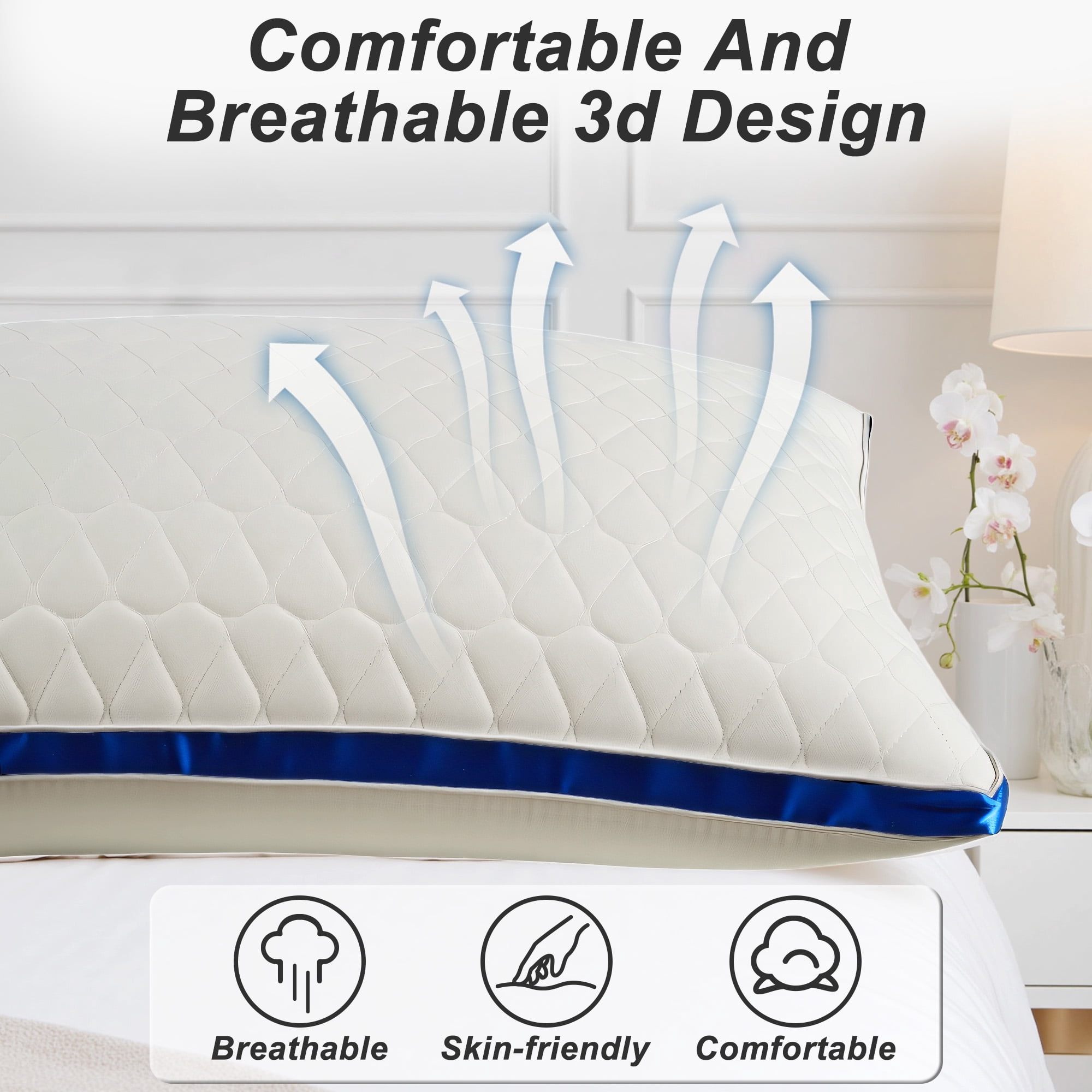 Pillow for Bed, 2 Pack Standard Bed Pillows, Gusseted Quilted Pillows for Side, Back or Stomach Sleepers