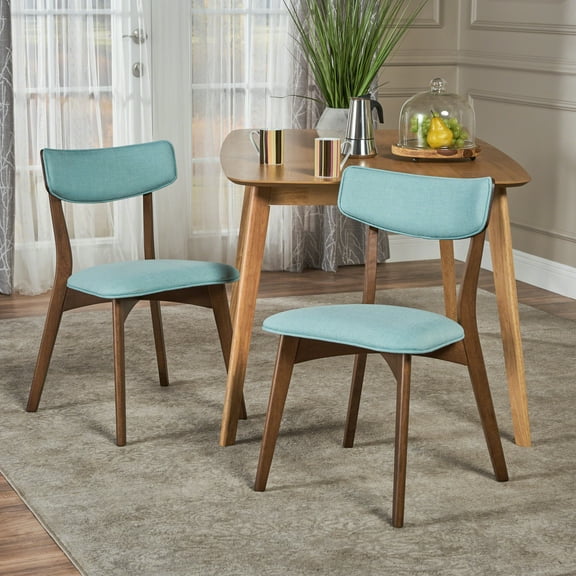 Molly Mid Century Modern Fabric Dining Chairs with Rubberwood Frame, Set of 2, Mint and Natural Walnut
