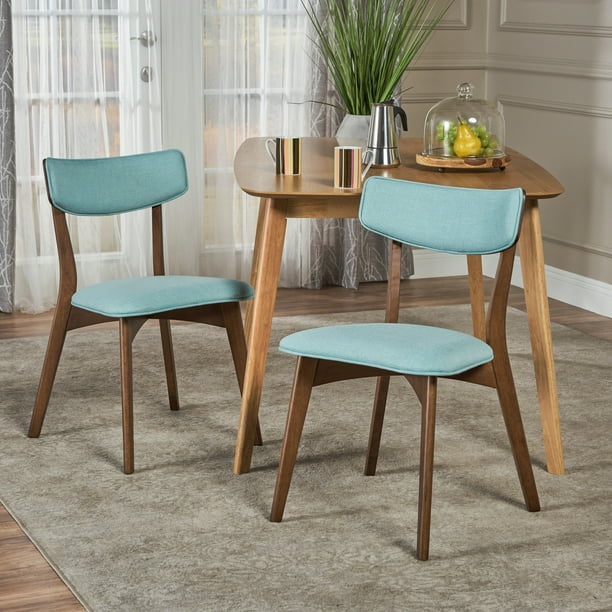 Molly Mid Century Modern Fabric Dining Chairs With Rubberwood Frame Set Of 2 Mint And Natural Walnut Walmart Com Walmart Com