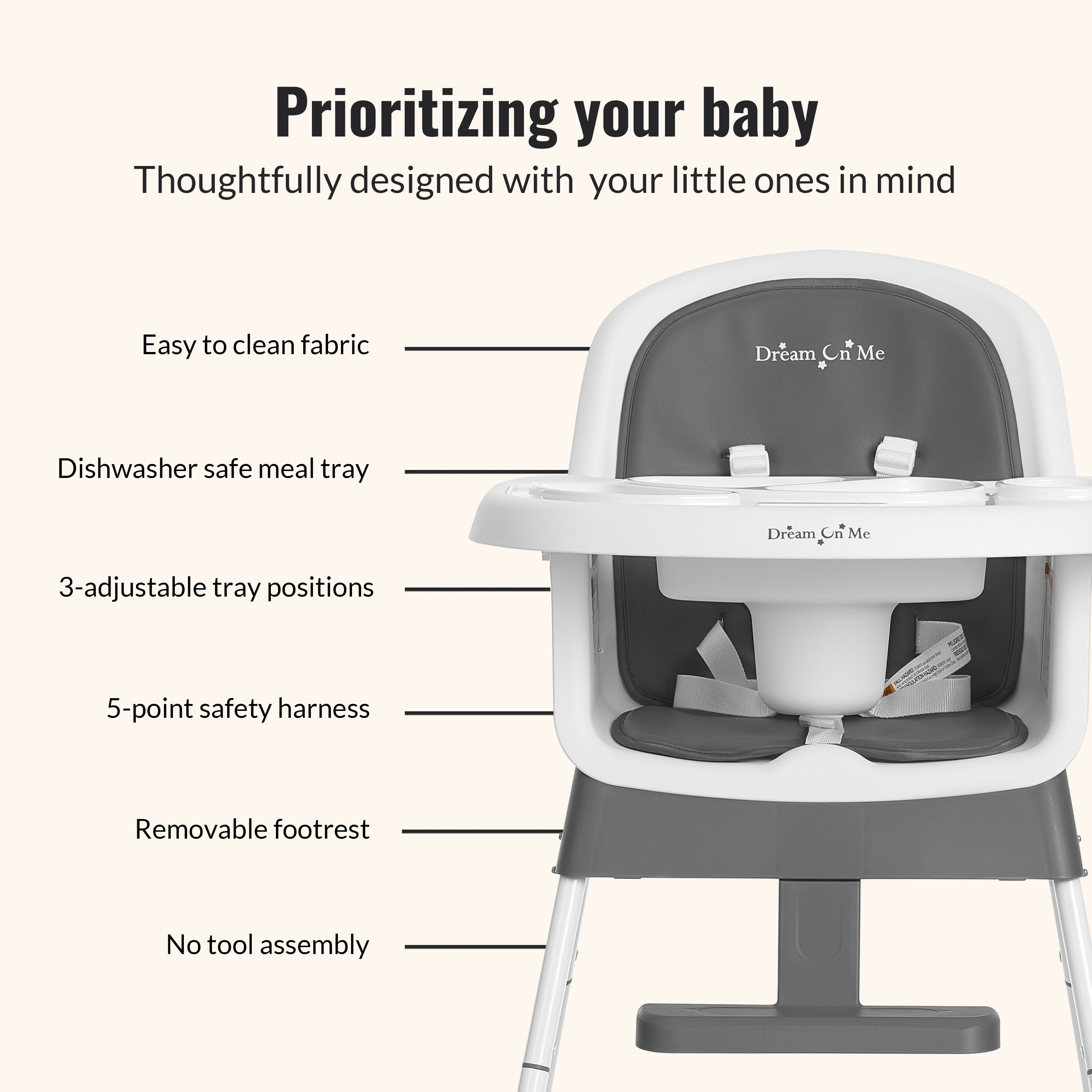 Dream On Me Lightweight & Convertible Curio Sit N Seek High Chair, Grey