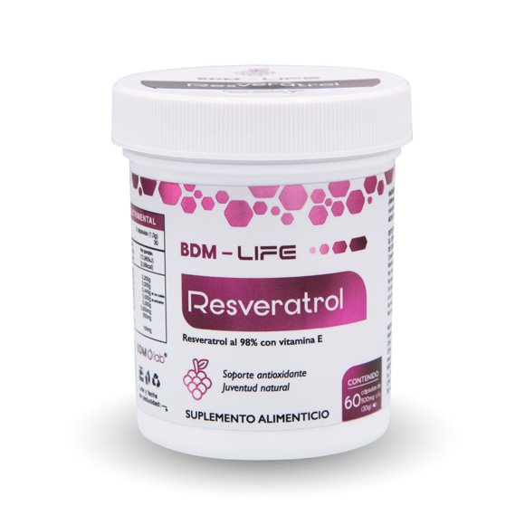 BDM LIFE Resveratrol 98% con Vitamina E, Alta Pureza, Antioxidante para Longevidad y Salud Celular, Protección contra Estrés Oxidativo, 60 Cápsulas