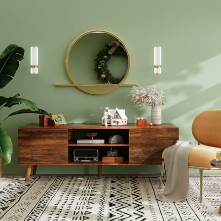 TV Stand for 55 60 inch TV, Mid Century Modern TV Console, Entertainment Center with Storage for Living Room, Retro Brown