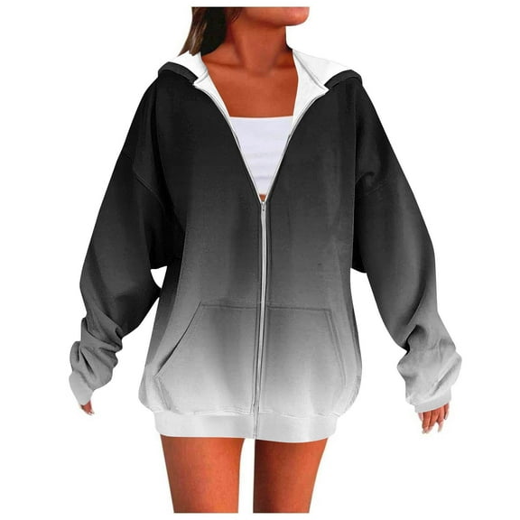 ZQGJB Ombre Hooded Jackets for Women Fall Winter Long Sleeve Full Zip up Hoodies Lightweight Casual Tie Dye Gradient Print Pullover Sweatshirts with Pockets Dark Gray S