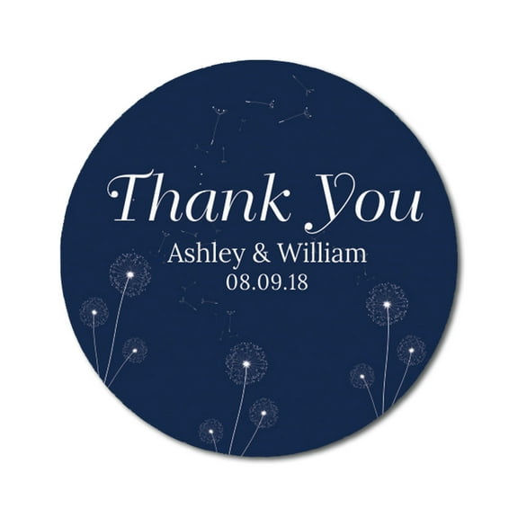 Darling Souvenir Round 45 Pcs Dandelion Wishes Thank You Stickers Personalized Bride Groom Names And Date Envelope Seals-Navy Blue