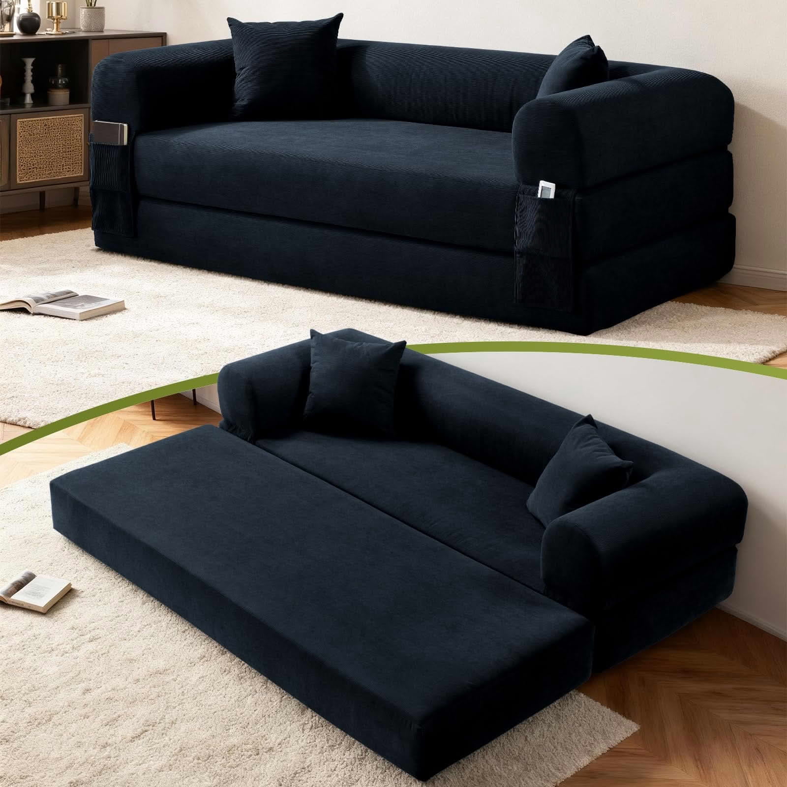 MAYEERTY 80" Dark Blue Corduroy Convertible Sofa Bed, 600lbs Queen Size Fold Out Sleeper Couch with Storage & No Assembly for Living Room