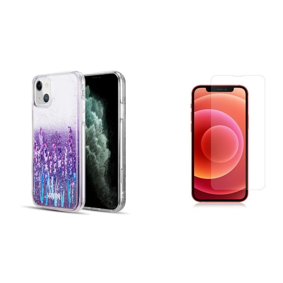 Liquid Glitter Case for iPhone 14 Plus and Glass Screen Protector - Lavender Purple