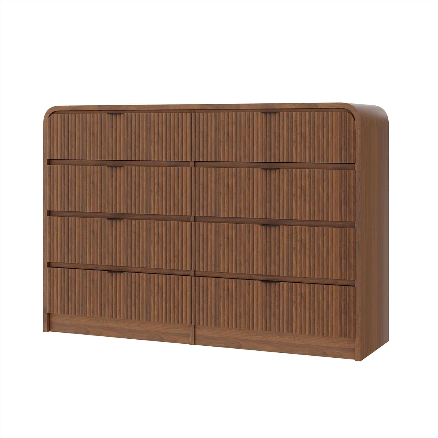 Fluted 8-Drawer Wide Dresser, Walnut Wood Chest with Rounded Edge for Bedroom, Living Room, Hallway