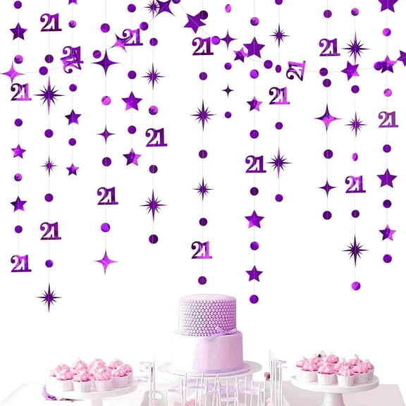 Cheerland Purple Number 21 Circle Dot Twinkle Star Garland Metallic Hanging Streamer Bunting Banner Backdrop