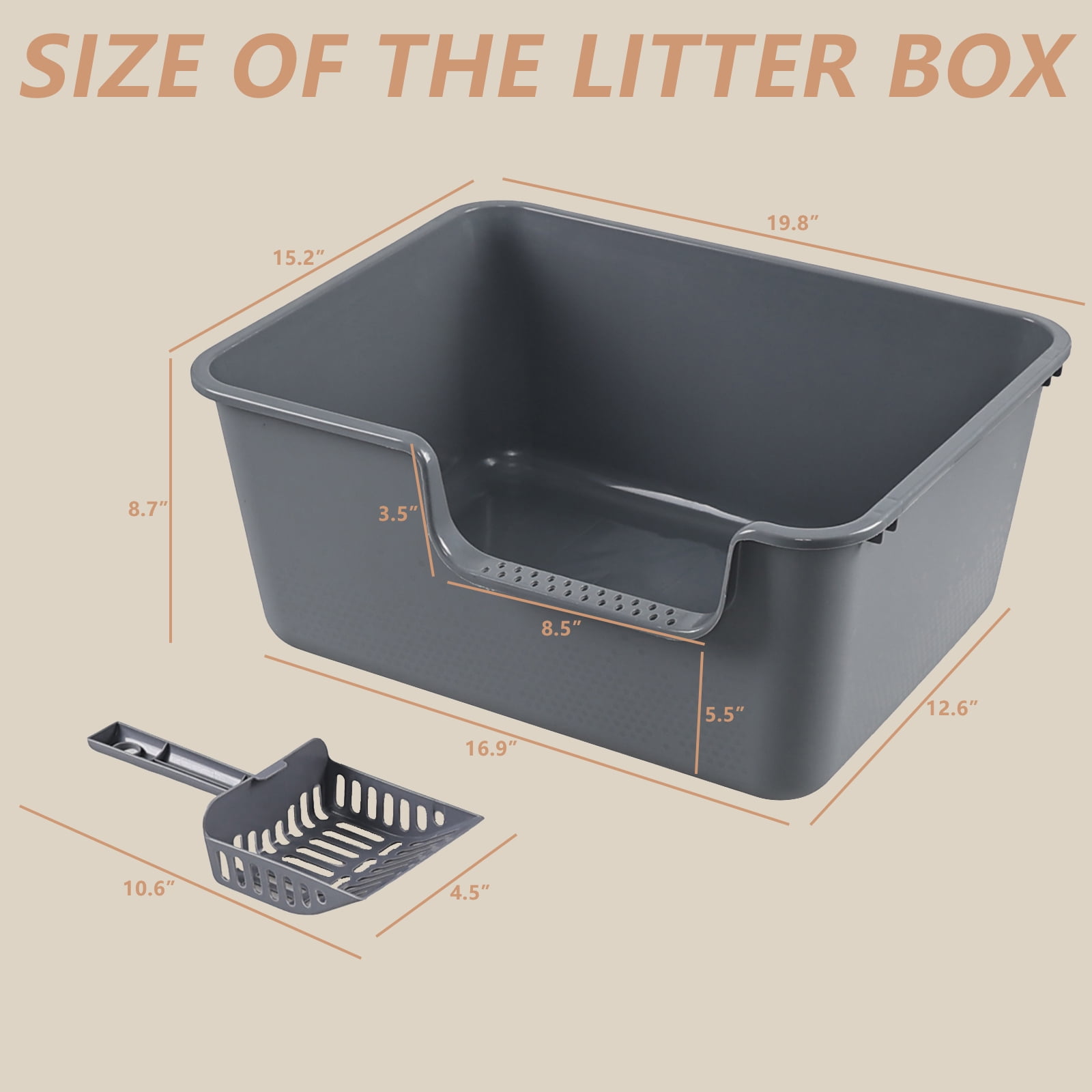 Gloreen 2 Pack Plastic High Side Cat Litter Boxes, Open Top, Include Litter Scoops, Gray