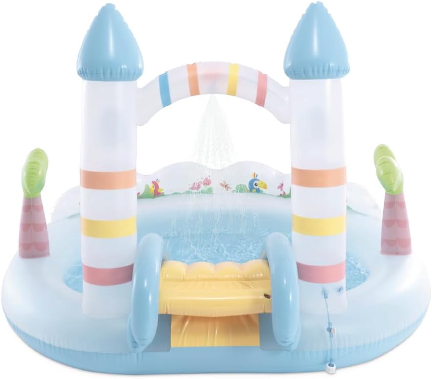 56148EP Unicorn Castle Inflatable Kiddie Pool: Inflatable Kids Pool with Water Sprayer and Slide - Splash Pad - 77" x 70" x 50" - Ages 3+