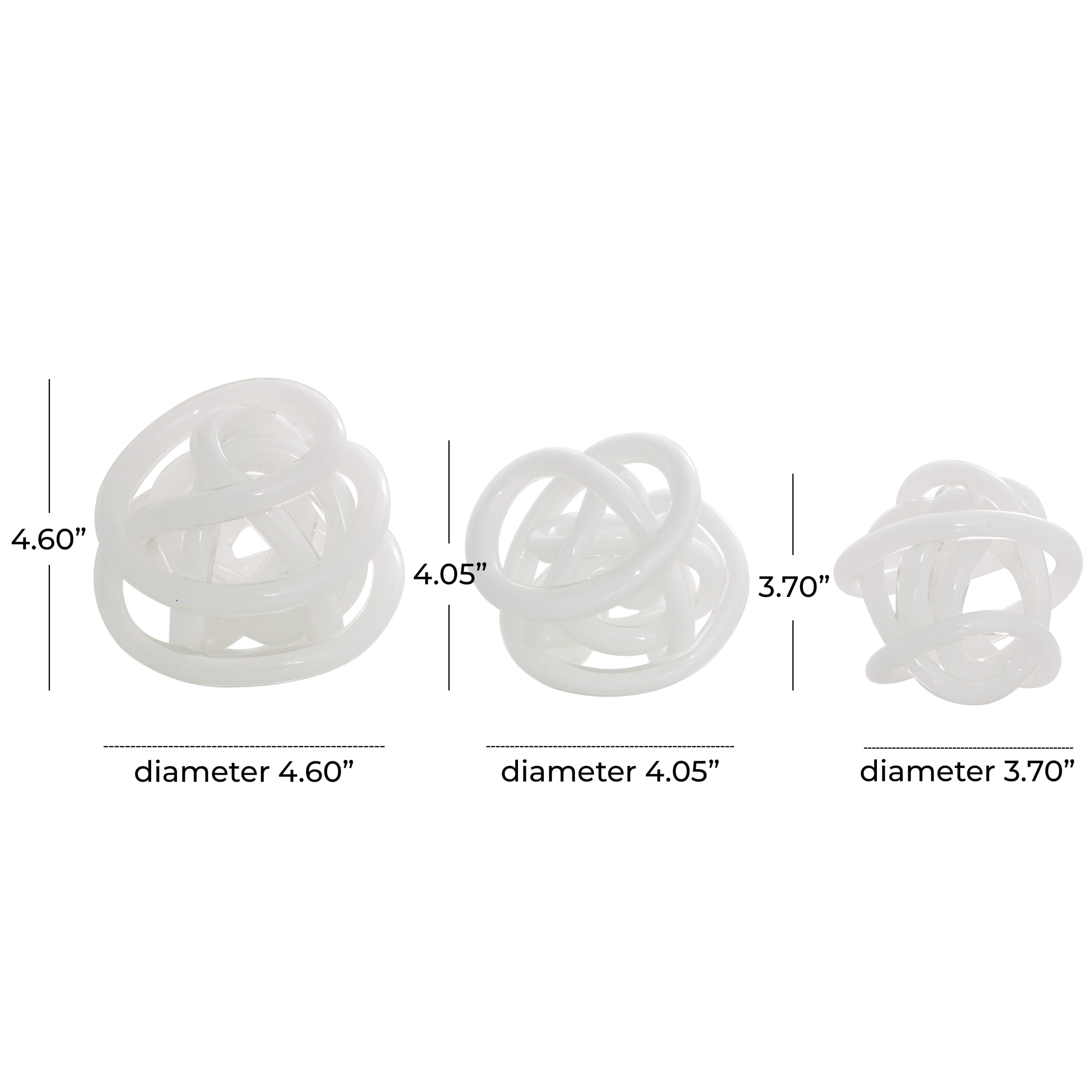 5", 4", 4"W White Glass Handmade Iridescent Knotted Ball Abstract Sculpture, by DecMode (3 Count)