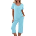thumbnail image 2 of Blmnix Plus Size Pajamas Ladies Pajamas Sets Bamboo Pajamas Sleepwear Sets Pjs Sets V-Neck Short Sleeve Blue 7/8th Womens Pajama Sets Shorts,XL, 2 of 7