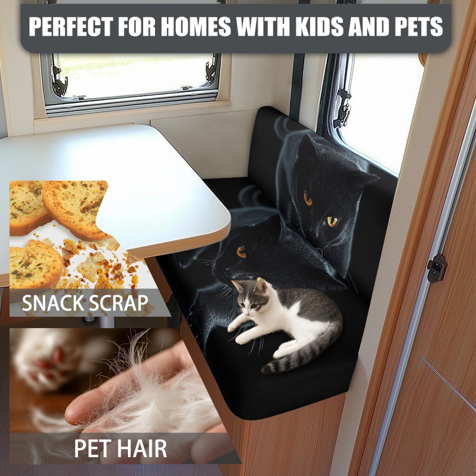 FORUDESIGNS Black Cat Pattern 2 pcs RV Dinette Cushion Covers Elastic Camper Seat Covers Dinette Booth Comfortable Furniture Protector for RV Camper Car Bench