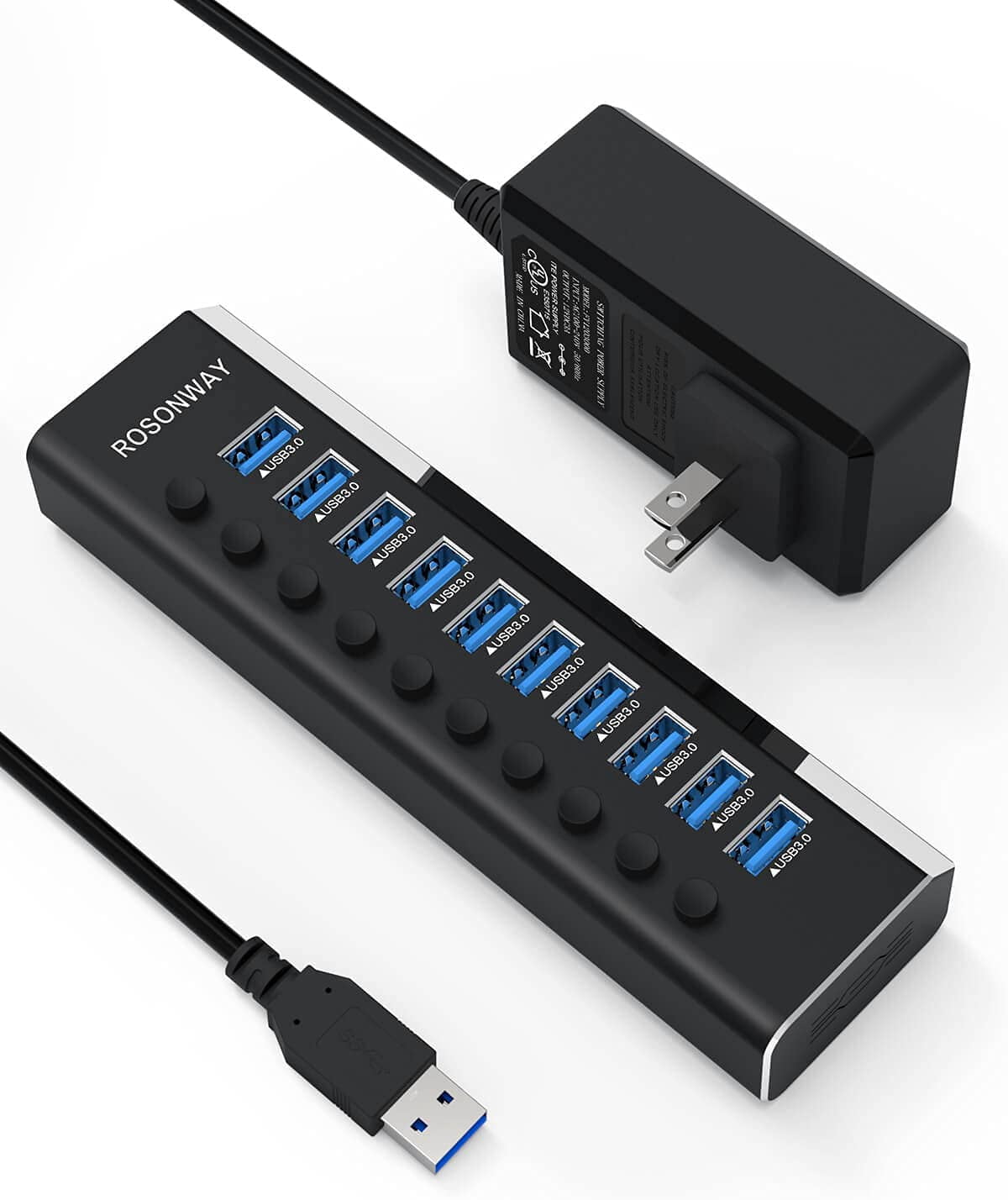 ROSONWAY Aluminum 10 Port 36W Powered USB 3.0 Hub with 12V/3A Power Adapter and Individual On/Off Switches, RSW-A10 -