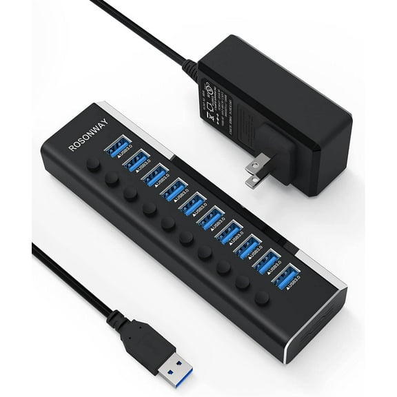 ROSONWAY Aluminum 10 Port 36W Powered USB 3.0 Hub with 12V/3A Power Adapter and Individual On/Off Switches, RSW-A10
