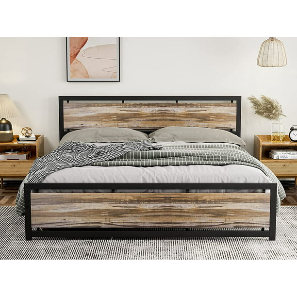 King Size Metal And Wood Bed Frame, Light Wood King Size Headboard