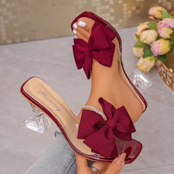 DIVVce Big Bow Clear Block Heel Mules For Women Square Toe Slip On Comfort Evening Footwear