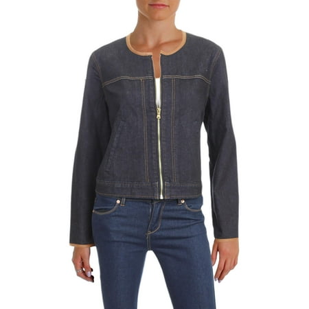 Leather Work Jacket - Lauren Ralph Lauren Womens Leather Trim Long Sleeves Denim Jacket