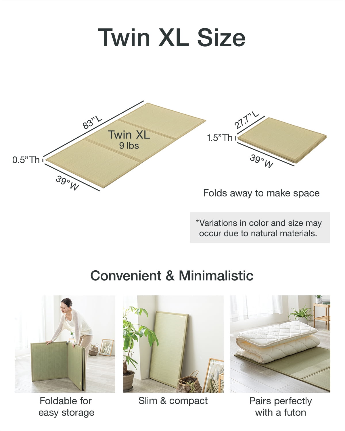 FULI Japanese Tatami Mattress, Igusa Mat (100% Japanese Rush Grass) Folds in Three, Made in Japan (Natural, Twin XL)
