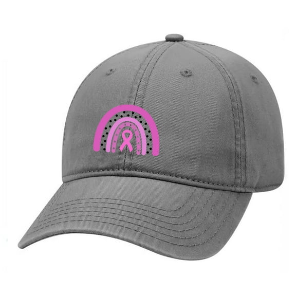 Pink Ribbon Boho Rainbow Breast Cancer Awareness Embroidered Twill Baseball Cap Hat with Adjustable Metal Buckle Back-Charcoal