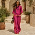 thumbnail image 6 of Szluipve Linen Sets for Women 2 Piece 2 Piece Linen Outfit Contrast Trim 3/4 Sleeve Crew Neck Top & Wide Leg Pants Set Loose Casual Beach Vacation Tracksuit Suit Saffron L, 6 of 7
