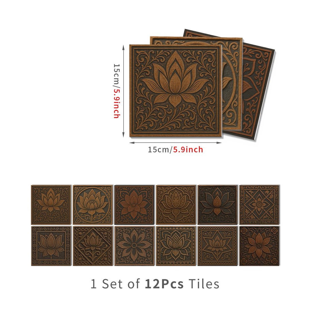 12 Pcs Foaming Board Vinyl Tiles Stickers Wall Decals 5.91" x 5.91" Waterproof Peel and Stick Backsplash Kitchen Brown Gray Flowers Pattern Mural
