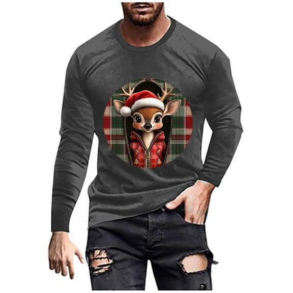 SERTG Men's Christmas Print Sports Shirt Long Sleeve Round Neck Casual Fashion Top Men Blouses Shirts Men's Christmas Tops(Gray,2XL)