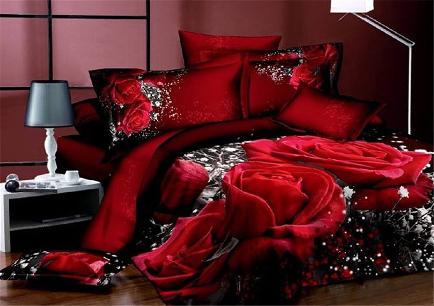 4Pcs Set Bedding Queen Size Duvet Cover Set 3D Oil Painting Red Rose Bedding Set Floral Printed Bedclothes Home Textiles Queen Quilt Cover Bed Sheet 2 Pillowcases (Size:200 x 230 cm)