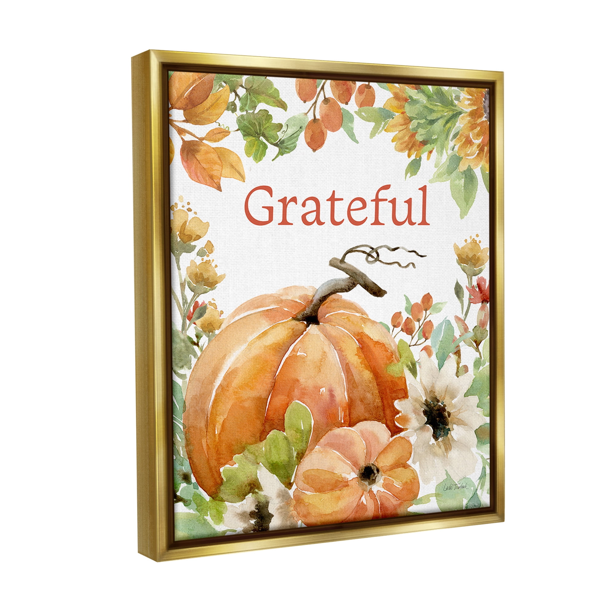 Stupell Industries Grateful Pumpkins & Flowers Holiday Painting Gold Floater Framed Canvas Art Print Wall Art, 17 x 21