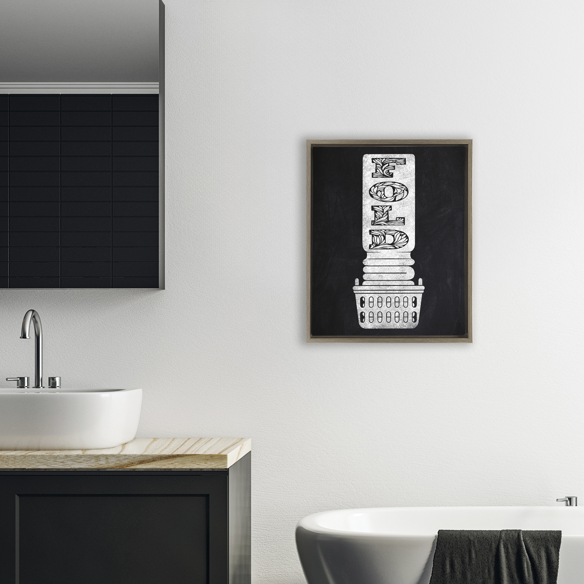Laundry Fold Ornate Letters Brown Framed Floater Canvas Wall Art, design by Marcus Prime