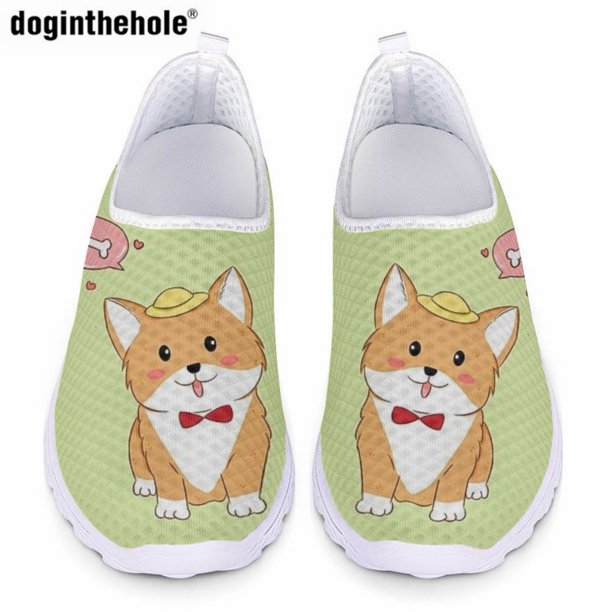 Zapatos planos casuales de verano para mujer, zapatillas con estampado de dibujos animados Kawaii Corgi, cómodos, ligeros, de malla transpirable, zapatos de enfermería para hospital